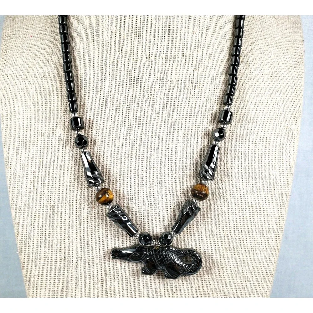 Carved Hematite & Tigers Eye Gator Pendant 17